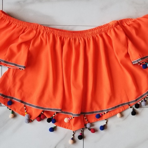Love J Pompom Off the Shoulder Orange Boho Top - Picture 4 of 8